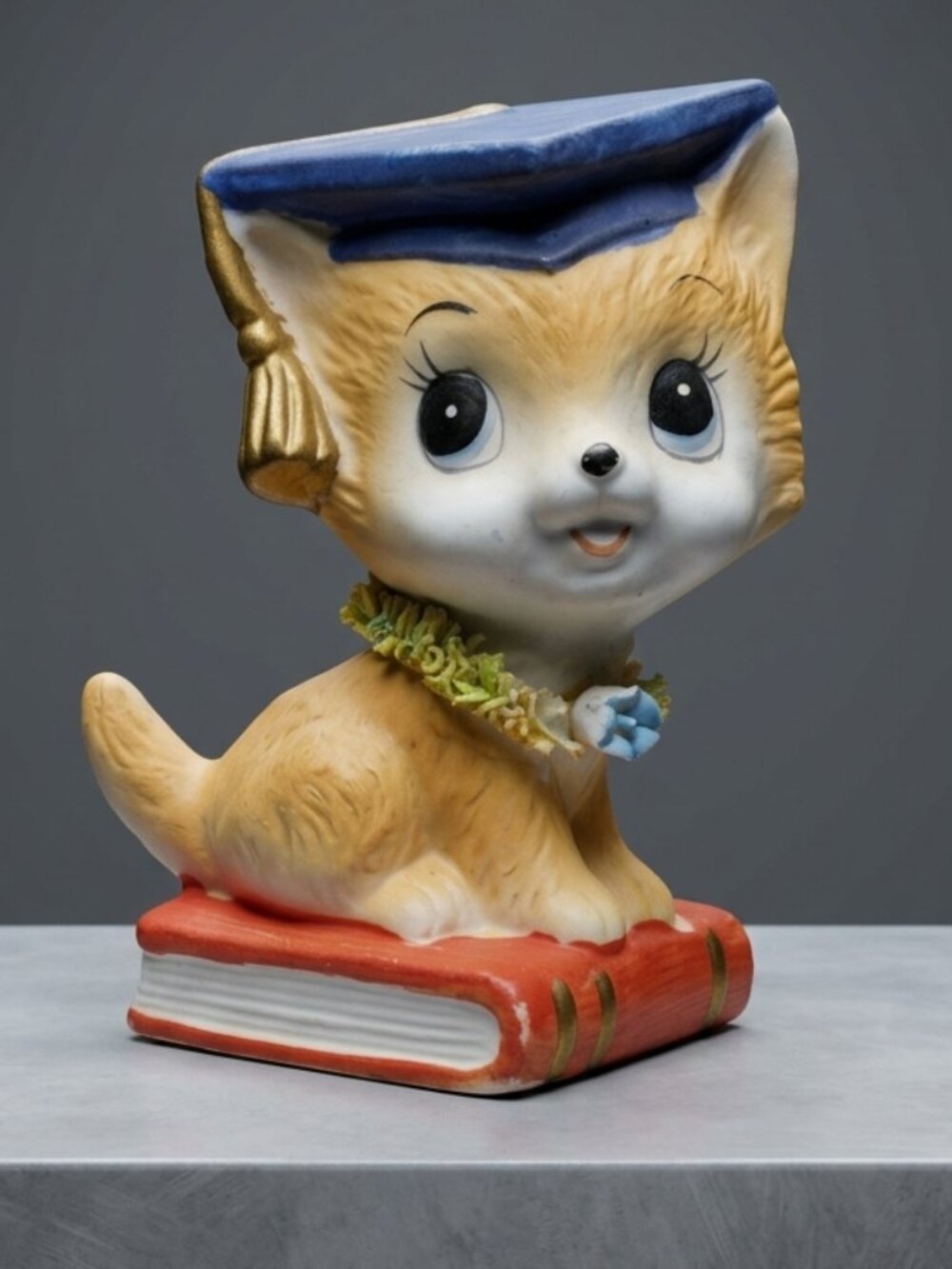 Vintage Lefton China Graduate Cat Figurine Hand Painted Lion Cub Graduation Cap